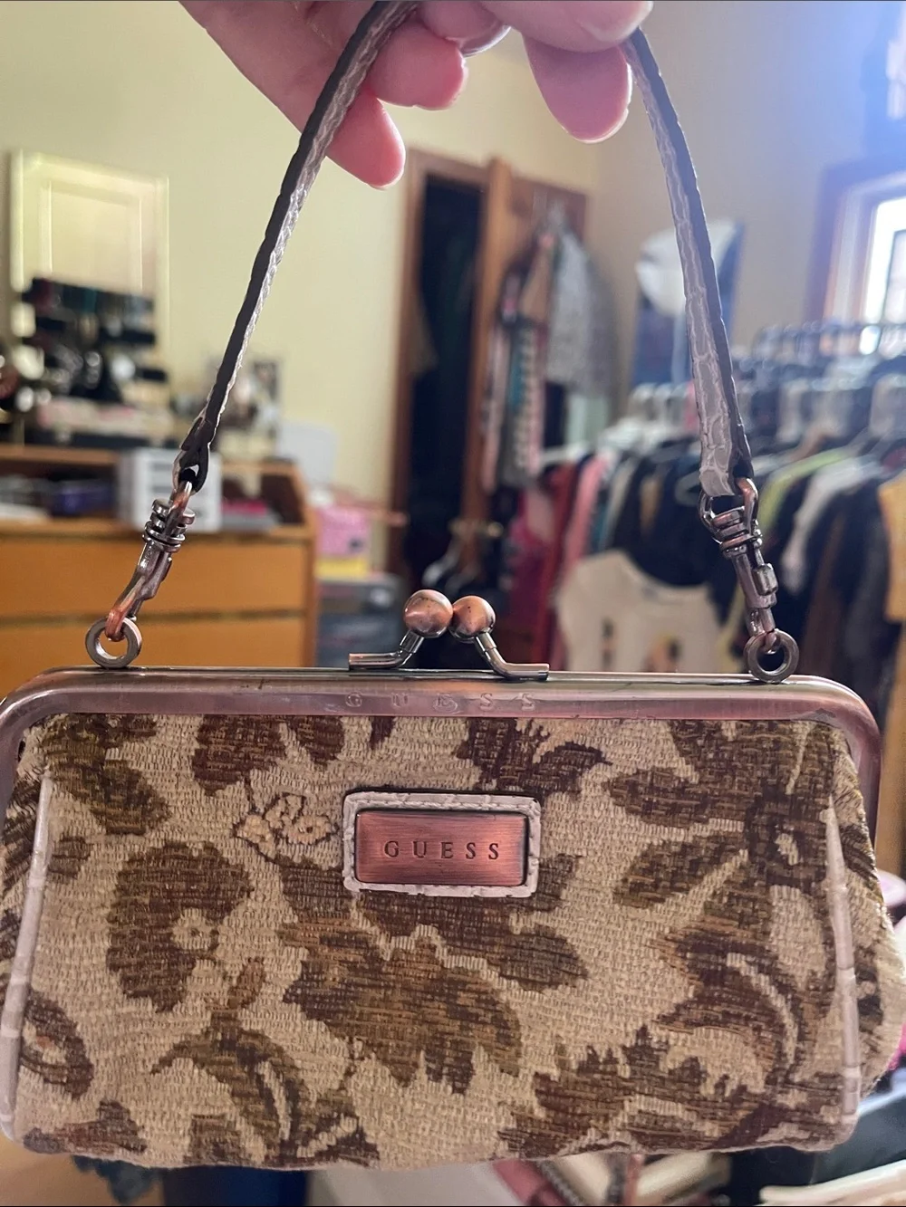 GUESS Gold and Brown Vintage 90s Brocade Top-Handle Frame Mini Bag